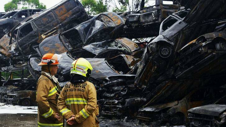 Fire destroyed about 100 cars at Pickles Auctions in Milperra.  Photo: Christopher Pearce
