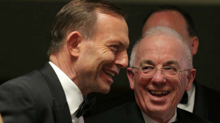 Prime Minister Tony Abbott meets political commentator Gerard Henderson at the National Press Club dinner. Photo: Alex Ellinghausen
