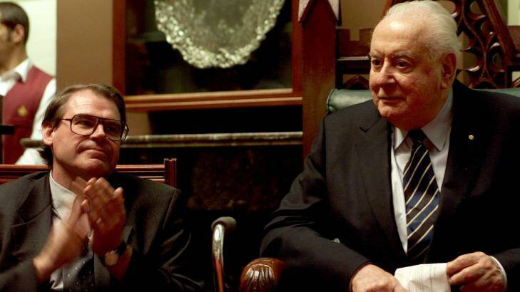 Former prime minister Gough Whitlam with Senator John Faulkner in 2002. Photo: Steven Siewert