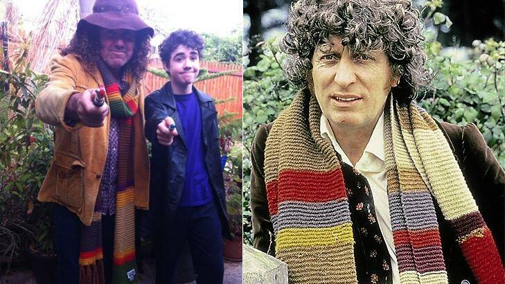 WAtoday.com.au reporter Brendan Foster and son Finlay as the fourth and ninth Doctors; and Tom Baker, right, the actual fourth Doctor.