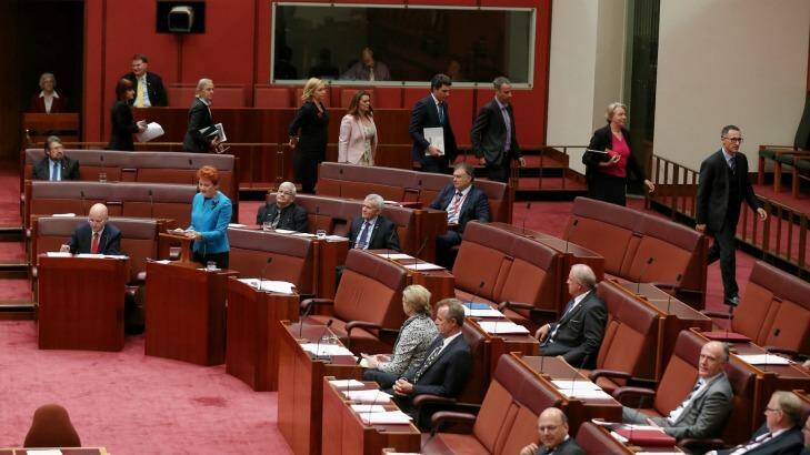 The Greens walk out as Senator Pauline Hanson delivers her first speech in the Senate at Parliament House in Canberra on Wednesday 14 September 2016. fedpol Photo: Alex Ellinghausen Photo: Alex Ellinghausen