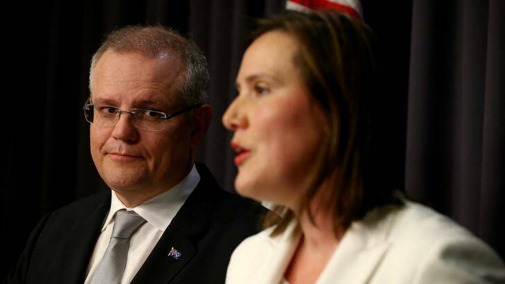 Treasurer Scott Morrison during a joint press conference wirh Minister for Small Business and Assistant Treasurer Kelly O'Dwyer on Wednesday. Photo: Alex Ellinghausen