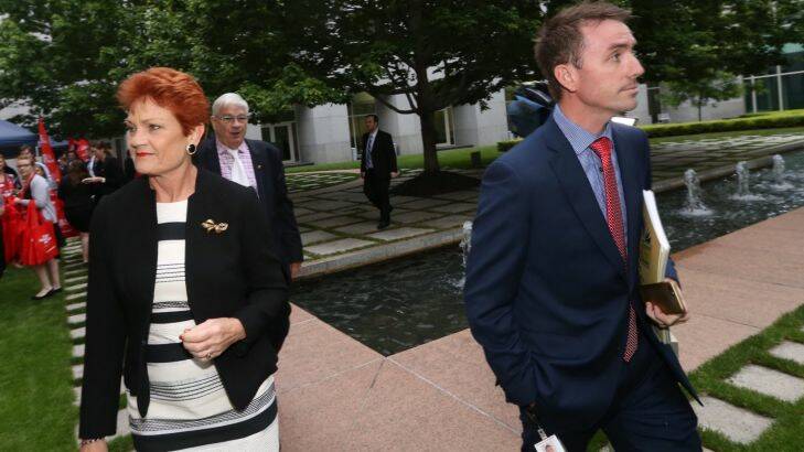 Senator Pauline Hanson and adviser James Ashby at Parliament House Canberra on Wednesday 23 November 2016. Photo: Andrew Meares  Photo: Andrew Meares