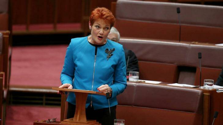 Senator Pauline Hanson delivers her first speech in the Senate. Photo: Alex Ellinghausen