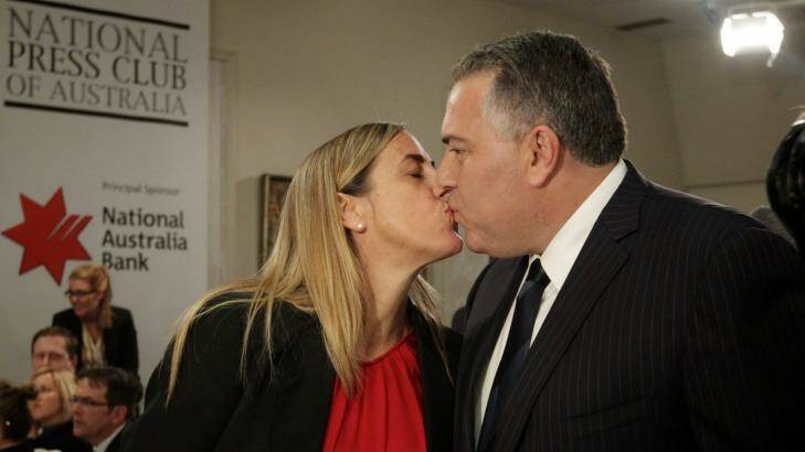 Joe Hockey kisses his wife Melissa Babbage. Photo: Alex Ellinghausen