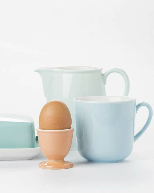 Colour pop: White china gets so boring after a while! Add some colour to the Mother's Day table with these gorgeous pieces. Egg cup, $32; mug, $40; butterdish, $179; and jug, $89. robertburtonshop.com