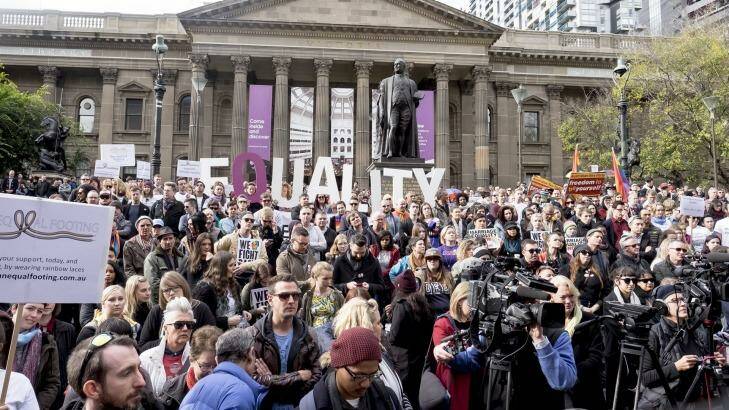 A large crowd at a marriage equality rally in Melbourne in June. Photo: Luis Ascui