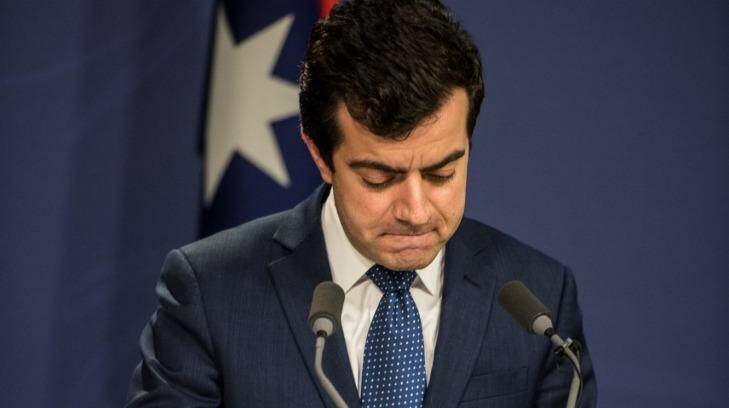 Senator Sam Dastyari announces his resignation from the opposition frontbench. Photo: Wolter Peeters