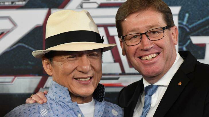 Jackie Chan, pictured with Arts Minister Troy Grant, at the announcement in July that Bleeding Steel would be filmed in Australia, the first film announced under the NSW government’s $20 million Made in NSW fund.   Photo: Peter Rae