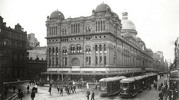 Trams on the corner of George and Druitt streets, outside the QVB in the Sydney CBD in 1920.  Photo: Supplied