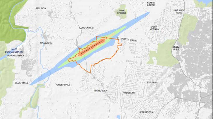 A map released by the federal government last year showing the noise contours from a Badgerys Creek airport. Photo: Department of Transport and Infrastructure