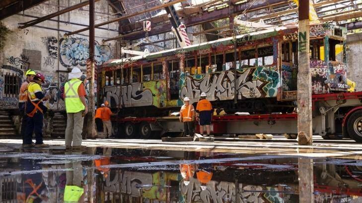 Sydney's last tram in the Rozelle tramsheds, which are about to be redeveloped. Photo: Nic Walker