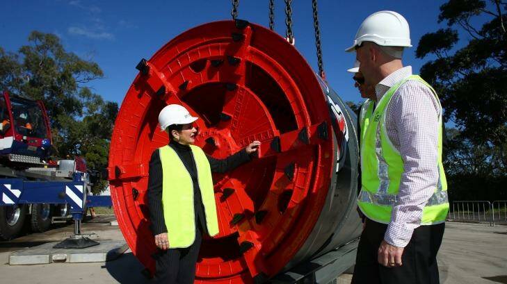 Sydney Mayor Clover Moore and NSW Minister for Lands and Water Niall Blair meet "Mary Veronica", the machine that will dig the Green Square Trunk Drain. Photo: Daniel Munoz