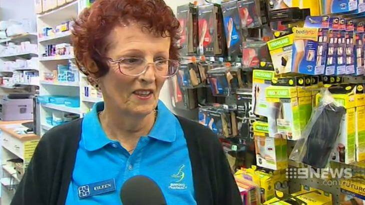 "I had a go": Pharmacy worker Eileen wielded a walking stick at a would-be robber. Photo: Nine News