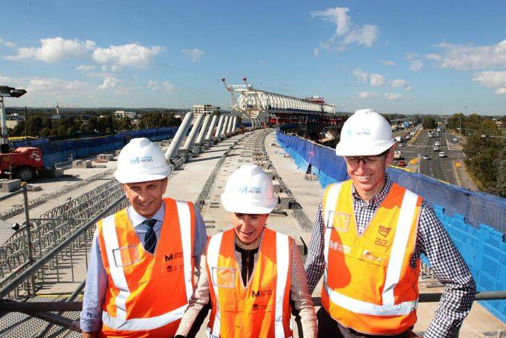 SYDNEY, AUSTRALIA - MAY 08:  L-R Transport minister Andrew Constance, NSW Premier Gladys Berejiklian and Rodd Staples program director for Sydney Metro pictured at the Windsor Rd Bridge construction site for Sydney Metro at Rouse Hill on May 8, 2017 in Sydney, Australia.  (Photo by Ben Rushton/Fairfax Media) Photo: Ben Rushton
