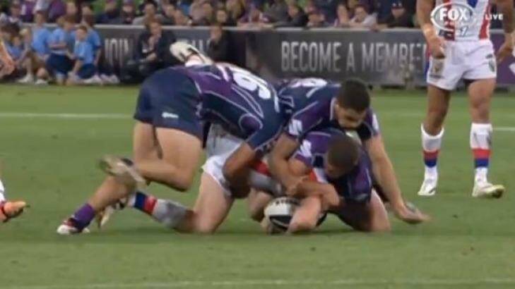 The consequnces: The infamous spear tackle on Alex McKinnon. Photo: Fox Sports