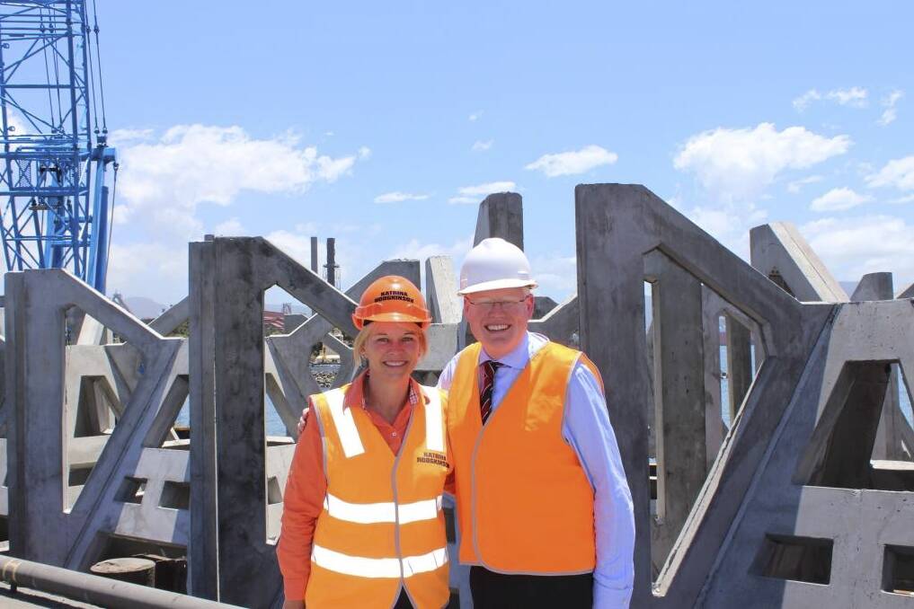 Minister Katrina Hodgkinson and Member for Kiama Gareth Ward in front of a module for the artificial reef.