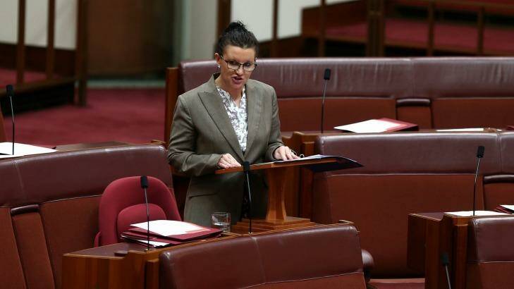 PUP Senator Jacqui Lambie delivers a statement to the Senate Photo: Alex Ellinghausen
