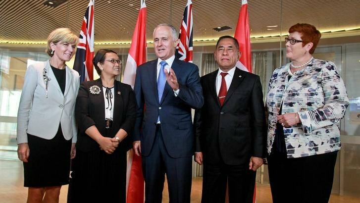 Foreign Minister Julie Bishop, Indonesian Foreign Minister Retno Marsudi, Prime Minister Malcolm Turnbull, Indonesian Defence Minister Ryamizard Ryacudu and Australian Defence Minister Marise Payne in December, 2015. Photo: Ben Rushton