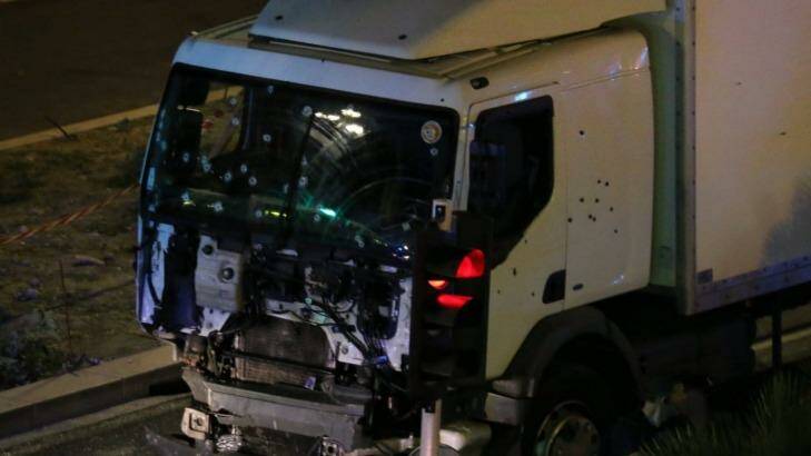 The truck involved in the Nice attack.  Photo: Sasha Goldsmith