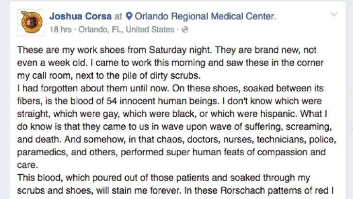Dr Corsa's Facebook post about the Orlando shooting. Photo: Facebook/Joshua Corsa