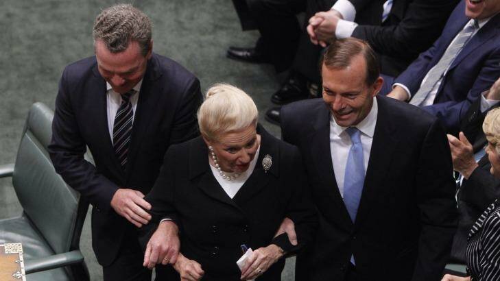 Bronwyn Bishop is dragged to the Speaker's chair by Prime Minister Tony Abbott and Christopher Pyne after the 2013 election.  Photo: Andrew Meares