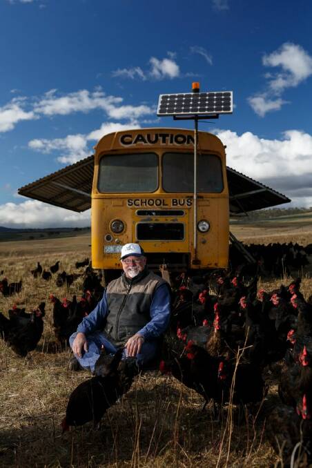 NCH Weekender. Papanui Open Range Eggs farm in Merriwa NSW promote a 'true' freerange model for their chicken farm. They use busses converted into mobile chicken coups to move the birds around their farm, following behind the beef cattle they also run. Pic shows owner Mark Killen posing for a portrait. Picture: Max Mason-Hubers MMH