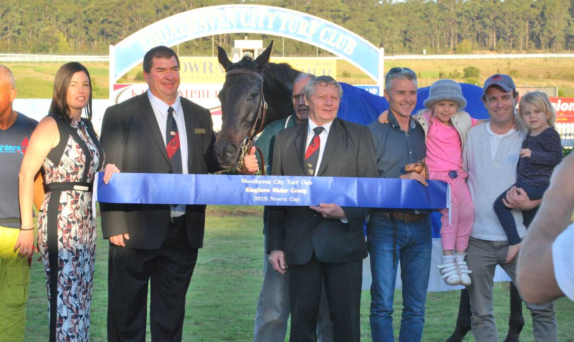 GUTSY WIN: Too Hi Tek gave local trainer Robert Price (fourth from right) his fifth Nowra Cup victory. Photo: HAYLEY WARDEN.