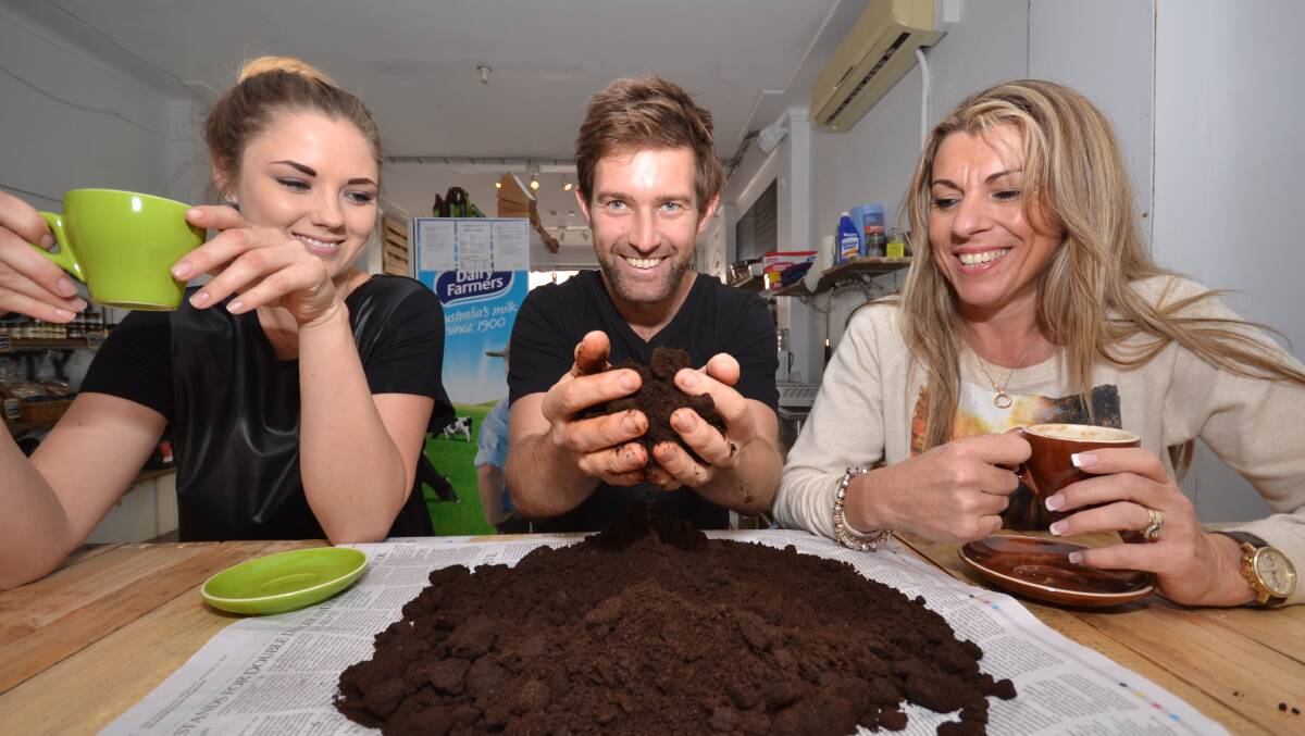 GREAT GRINDS: Co-owner of The Hopper Society Coffee Bar, John Bunter pictured between Jade Baillie and Samantha Van Arkel is keen to recycle coffee grounds.	Photo: ADAM WRIGHT