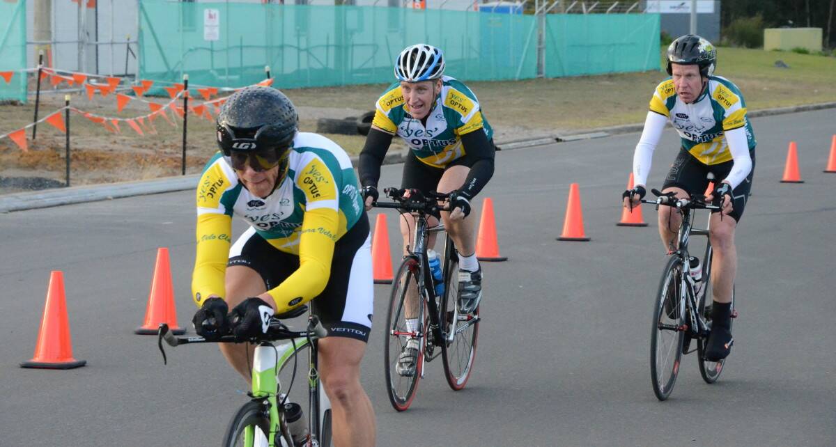 FLY HOME: Scott Barrett leads the Nowra Velo Club southern team over the finish line in the Cycling NSW Club Team Time Trials last weekend. 