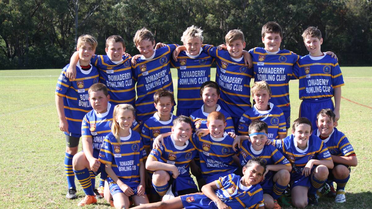 CLOSE WIN: The Bomaderry's under 12's celebrate after their 10-8 win over Nowra (back) Mitchell Allen, Billy Usher, Ethan Cooke, Zane Mahony, Ryan Grundy, Cameron Banks, Darius Rattey, (middle) Cooper Glover, Riley Studdert, Cameron Tanti, Joel Horgan, Ryan Cook, (front) Thalia Wallis, Ben Lymbery, Corey McConville, Brad McGillick, Jacob Taylor (lying down) and captain Jake Locke. 