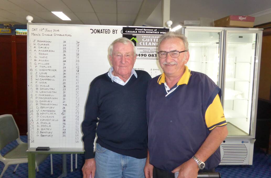 LEGEND: Barry Whitlock’s new driver helped him to win Saturday’s event, where he was congratulated by club captain Ilija Sesum. 