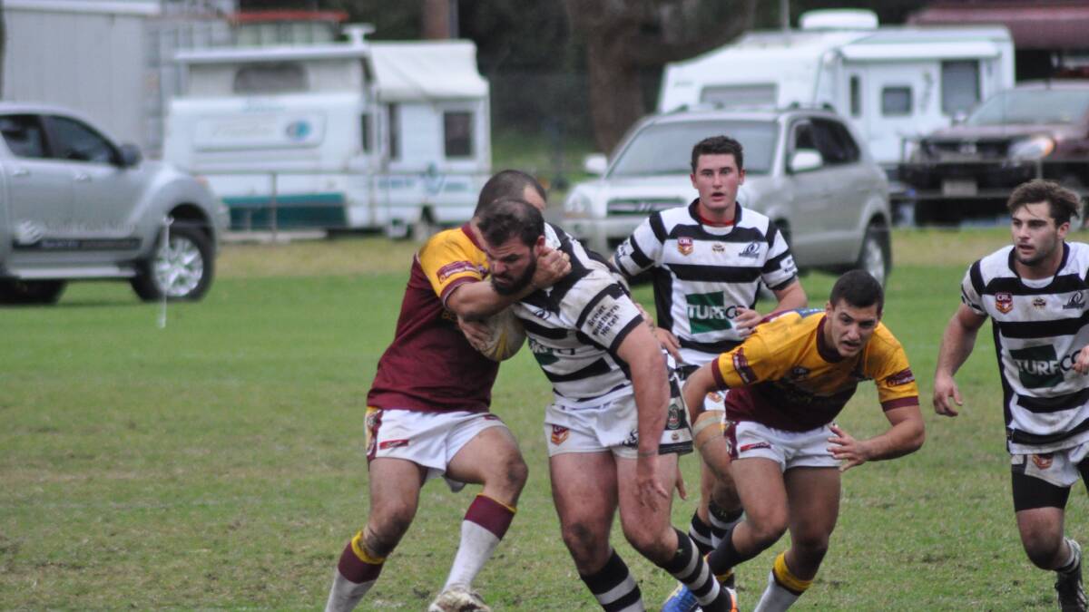 LOCKING HORNS: Berry Magpies front rower Josh Holland is wrapped up by the Shellharbour defence during their 26-6 loss on Saturday. Photo: PATRICK FAHY 