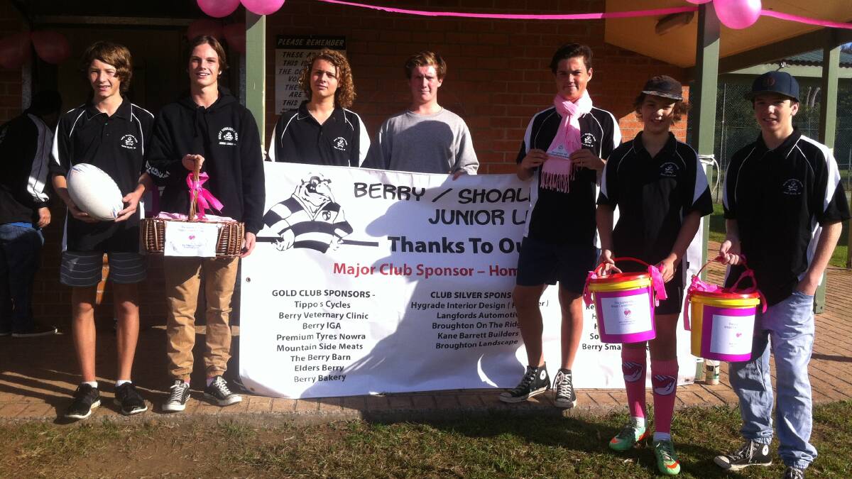 GREAT CAUSE: Members of the Berry Shoalhaven Heads Junior Rugby League Club turn pink in support of Women in League and The Joanne Mackay Breast Cancer Foundation last Saturday.  