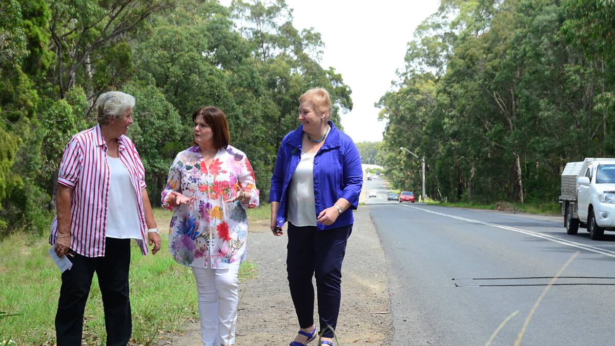 Shoalhaven Mayor Joanna Gash, South Coast MP Shelley Hancock and Gilmore MP Ann Sudmalis at the announcement of a $6 million plan to upgrade Flinders Road.