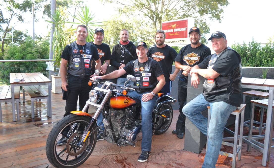 NSW greats Brad Fittler, Jack Elsegood, Matt Cooper, Steve Menzies, Josh Perry, Nathan Hindmarsh and Ian Schubert at the Bomaderry Hotel on Monday morning before heading out on the 2015 Hogs For the Homeless Tour.