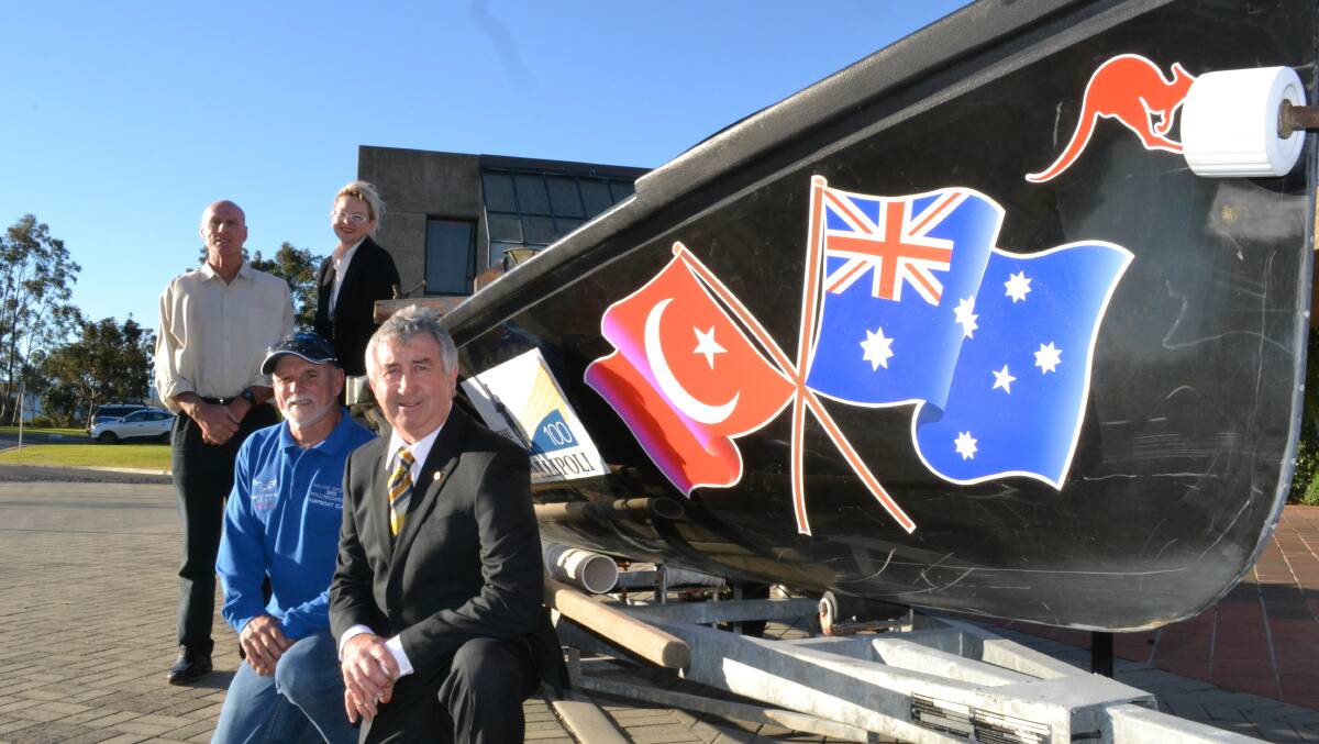 Mollymook Surf Club members Len Bolin and Di L’Estrange (rear) and Barry Page and John Patterson will be taking part in a surfboat event at Gallipoli, to mark the centenary of Anzac next April.