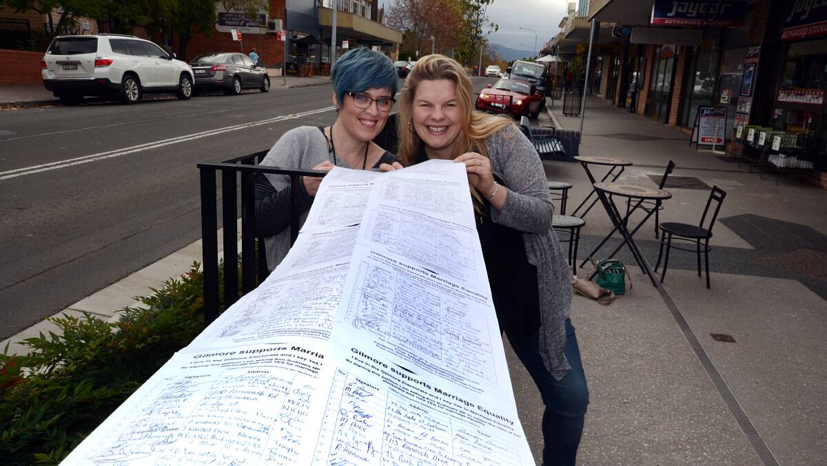 Coralie Bell and Stephanie Hilser-Ritter with some of the signatures from people in Nowra who support same-sex marriage.