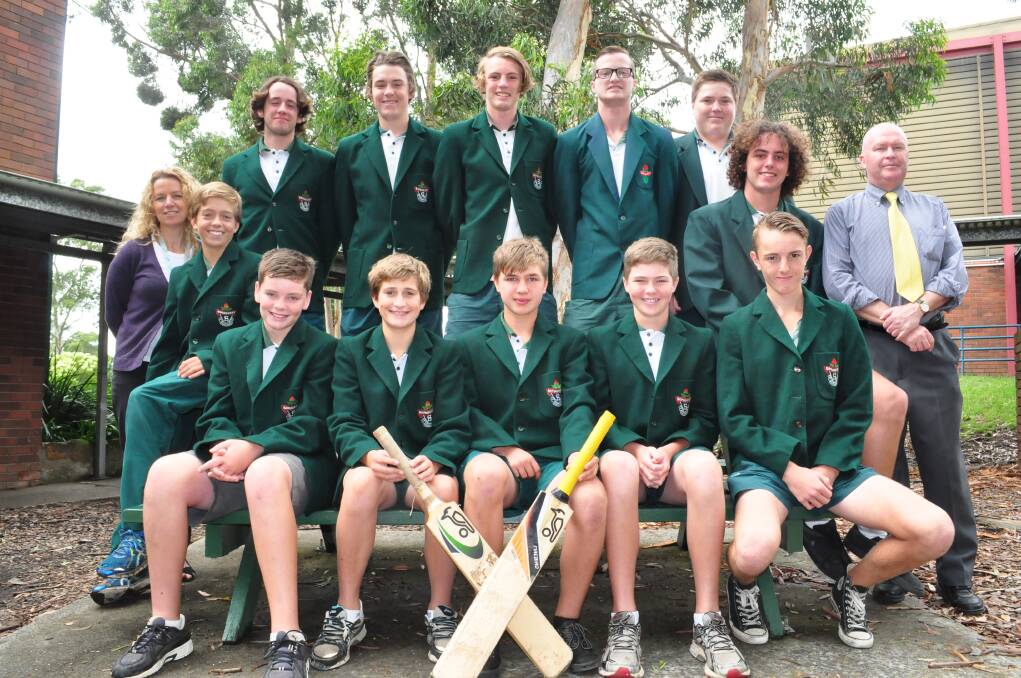 SET FOR ACTION: The Bomaderry High School team to play in the World Schools Cricket Challenge in Melbourne is (back from left) Dale Lovatt, Dayne Johnston, Lachlan Adlington, Jarryd Clancy (captain)and Jarred Cumming. Middle Mrs Cathy Russell, John Ulrich, 
Kane Armstrong and Mr Mark Graham. Front from left Harrison Graham, James Batson, Jack Carter, Justin Rumble and Ethan Adlington.
 