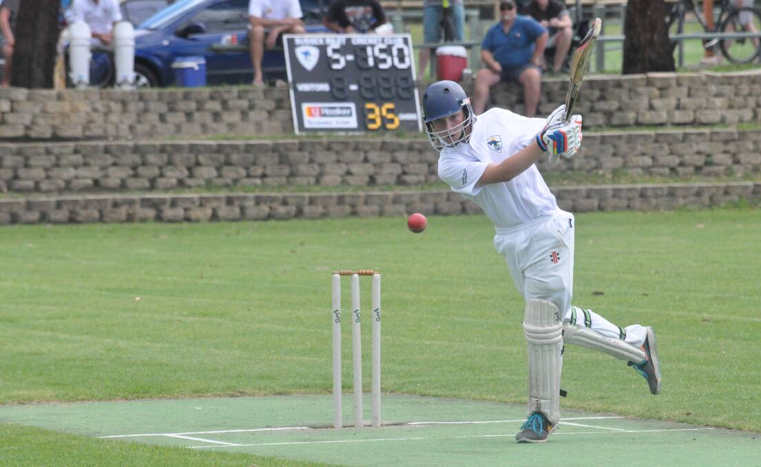 DOMINANT: Sussex Inlet young gun Kyle Jarrett smashes one away during his unbeaten knock of 85 against Nowra. Photos: PATRICK FAHY  