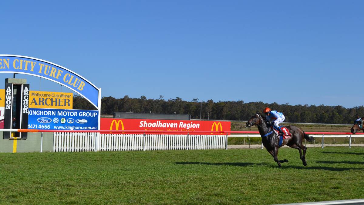 WINNER: Steve Englebrecht trained Reply Churlish draws away from the rest of the field to claim the South Coast Business & Financial Mollymook Cup at Shoalhaven City Turf Club on Sunday. 