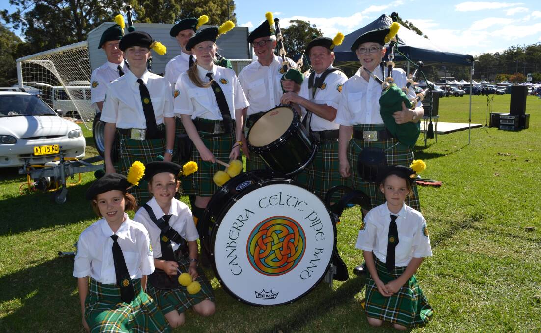 (Back) Bruce Gray, Paul Anderson; (centre) Sam Anderson, Charlotte Uren, John Uren, Alex Crawford, Fran Emerson; (front) Boudi Anderson, Stewart Anderson and Evelyn Anderson from the Canberra Celtic Pipe Band. The band performed at the White Sands Easter Festival at Huskisson on Saturday. 