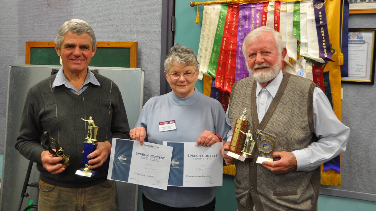 Toastmasters winners; Table Topics winner Rod Larkins, Area 30 governor Louise Burns and Humorous Speech winner Wolfgang Suehrer.
