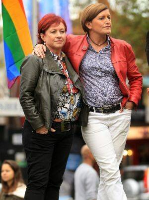 Christine Forster with her partner Virginia Edwards after addressing a rally at Taylor Square, Sydney. Photo: James Alcock