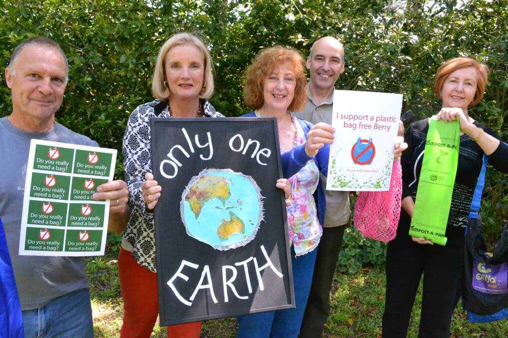 BAGS BAGGED: Berry residents Russell Baldwin, Amanda Lopez, Jannee Walsh, Bevis Pyle and Katrina Underwood have started the Only One Earth campaign group to encourage the use of reusable bags in Berry.