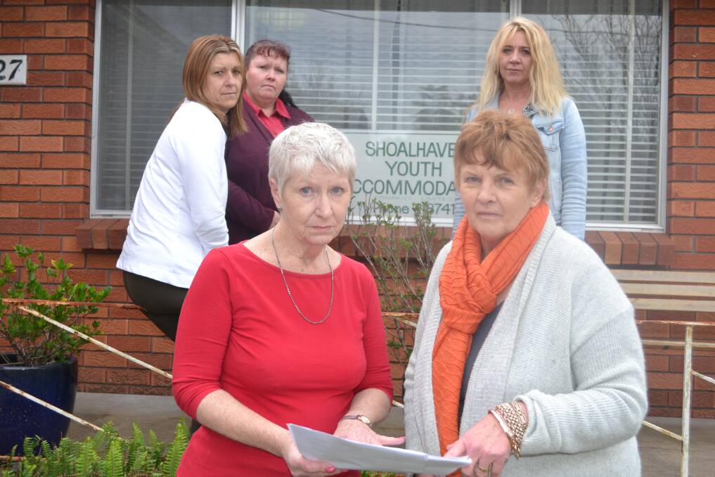 DEVASTATED: Shoalhaven Youth Accommodation chairman June Baker and manager Kerri Snowden with staff Alison Penbery, Kathy Cox and Julie Budgen are gutted by the state government’s decision not to award them the tender under the Going Home Staying Home reform.
