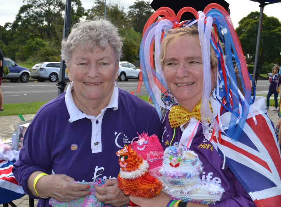 BEARS: Pat Walker and Dianne Bowers from Nowra raise money for cancer research at the Relay For Life with handmade gifts at the Shoalhaven Entertainment Centre on Saturday.
