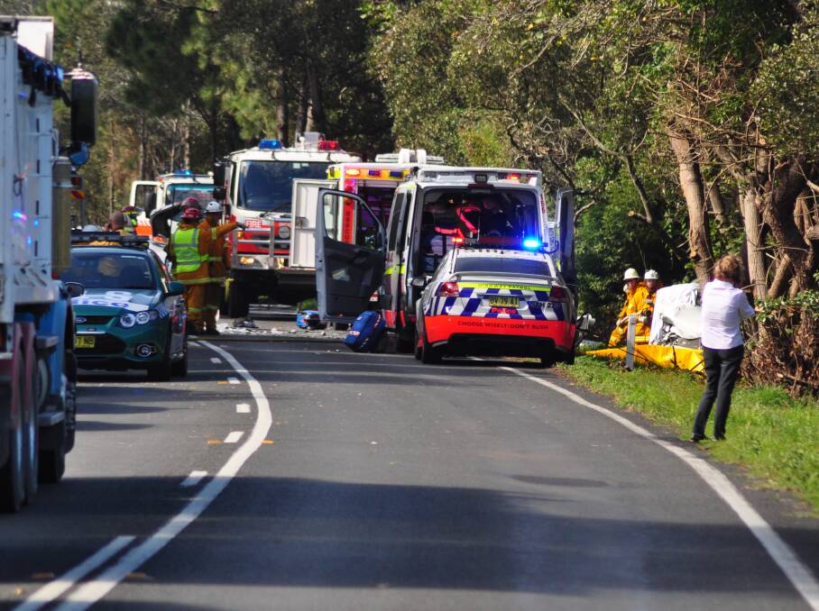 Emergency services at the scene of a fatal accident on Bolong Road at Coolangatta on April 24 in which two elderly people died.
