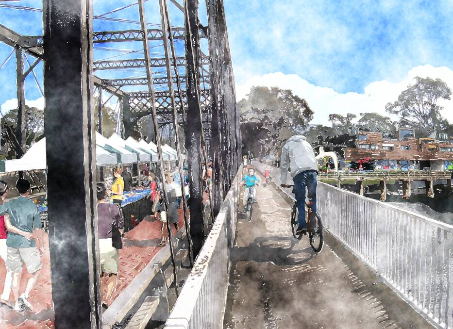 The artist’s impression from Architects Edmiston Jones of how the old Shoalhaven bridge might look with a weekend markets.