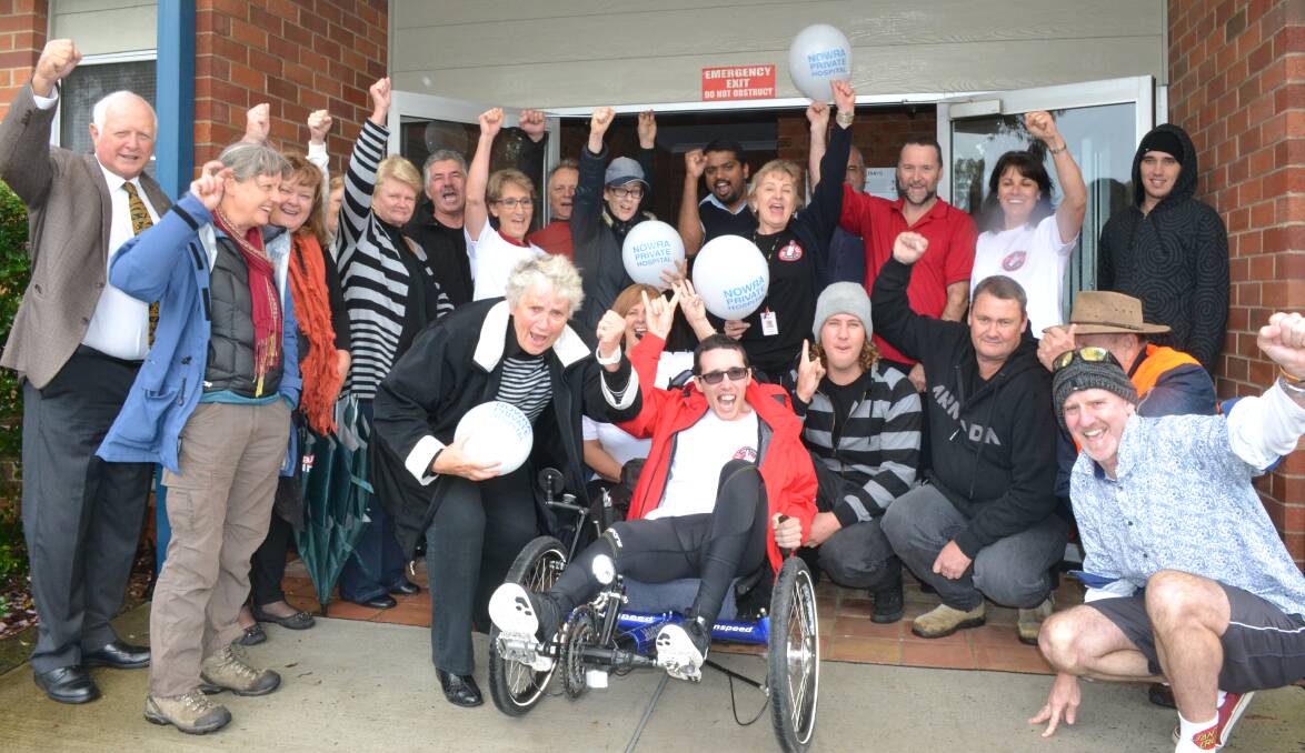 Family, friends and staff from the rehabilitation unit at Nowra Private Hospital along with Shoalhaven Mayor Joanna Gash and councillors Patricia White and Clive Robertson farewell Luke ‘Stono’ Stojanovic on his charity bike ride from Nowra to Sydney, raising money for Brain Injury Rehabilitation Unit at Liverpool Hospital.
